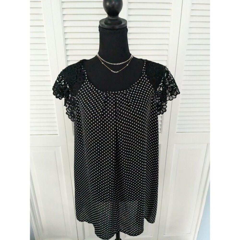 Philosophy Top Womens Sz 1X Black Polka dot Chiffon Lace Cap Slv Cocktail Blouse